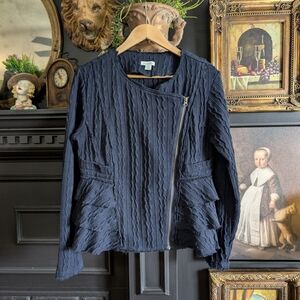 Sundance Navy Blue Textured Knit Jacket M | Asymmetrical Zip Peplum